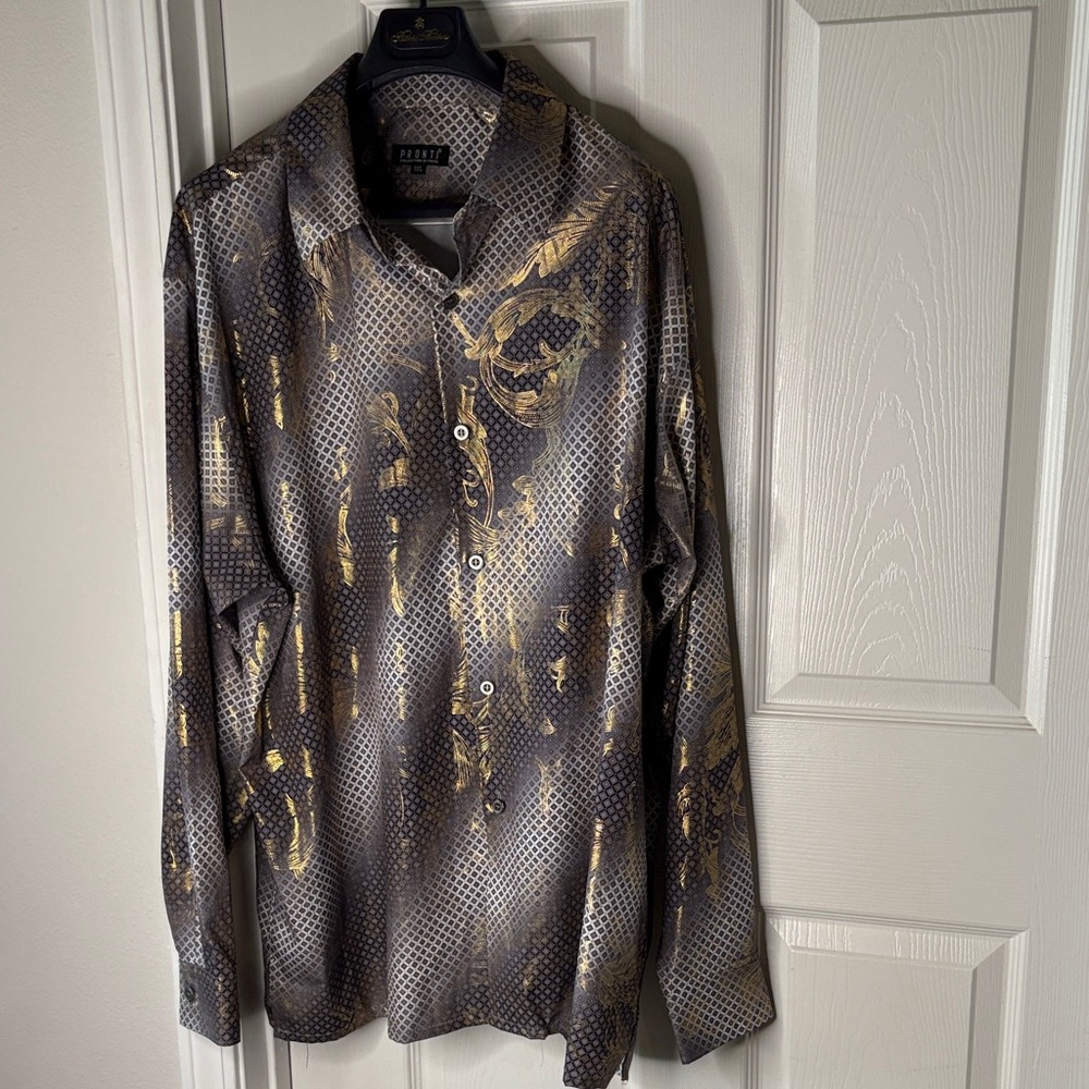 Pronti Metallic Gray and Gold Button Down Long Sleeve Shirt 3XL